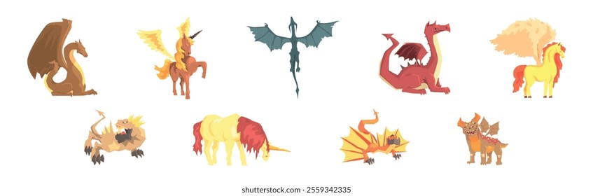 Mythical Creature from Folklore and Fairytale Vector Set