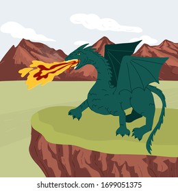 A mythical creature frightening green dragon stands on a ledge of a cliff and spews flame and smoke from its mouth. Mountains and blue sky beautiful landscape background.Flat vector illustration.