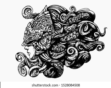 mythical creature, girl in a helmet with tentacles