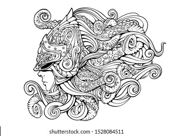 mythical creature, girl in a helmet with tentacles