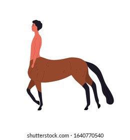 Mythical creature half horse and guy vector flat illustration. Cartoon centaur fantasy fairy tale hero isolated on white background. Colorful mythology character with hooves and tail