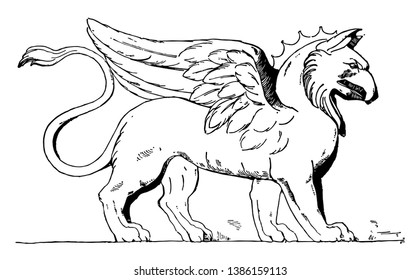 A mythical creature with the head and wings of an eagle and the body of a lion, vintage line drawing or engraving illustration.