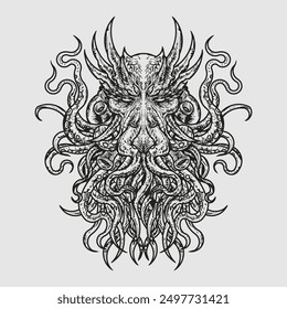 Mythical creature octopus kraken cthulhu head shirt design vector illustration