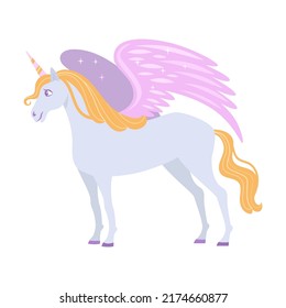 Mythical creature pegasus unicorn flat vector illustration. Fantasy characters, centaur, harpy, dragon, mermaid, Pegasus, griffin isolated on white