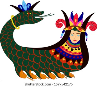 The mythical creature Shahmaran (or Shah Maran - half woman and half snake) in bright colors. It is widely known in Iran, southeastern Anatolia and Iraq - Eps10 vector graphics and illustration