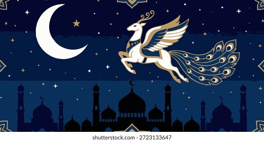 Mythical creature soaring above a mosque under a starry night sky with a crescent moon