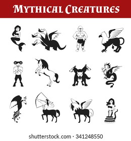 Mythical creatures black and white decorative icons set isolated vector illustration