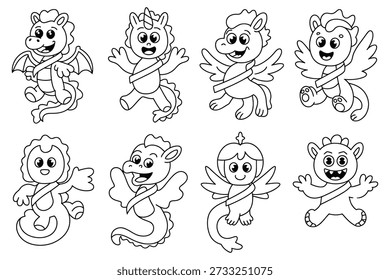 Mythical creatures cartoon characters dragon unicorn