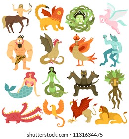 Mythical creatures characters colorful set  with mermaid pegasus centaur chimera dragon cyclopes gorgon medusa isolated vector illustration 