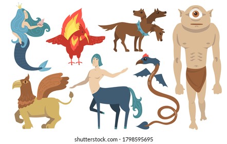 Mythical creatures characters set. Flying lion, cyclops, griffin, centaur, mermaid, Cerberus. For Greek mythology, fantasy, legend, culture, literature concept