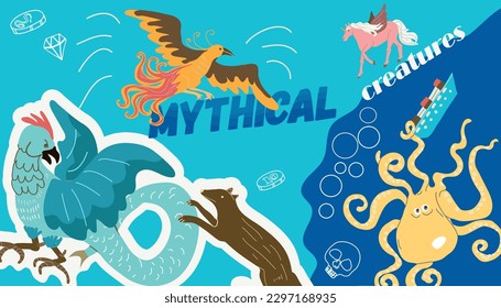 Mythical creatures collage of flat images with fantastic birds gorgons eating ships with pegasus flying horse vector illustration