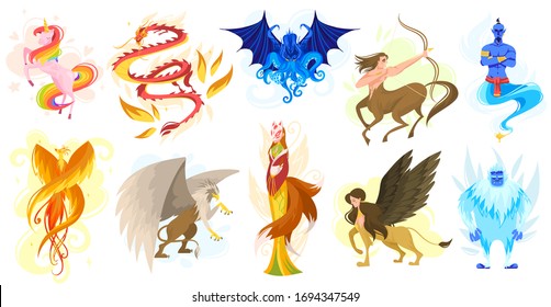 Criaturas míticas y animales de cuento de hadas, conjunto de personajes de dibujos animados aislados, ilustración vectorial. Distintas culturas mitología, ave fénix, esfínx, grifo y sagitario centaur. Mito y leyenda