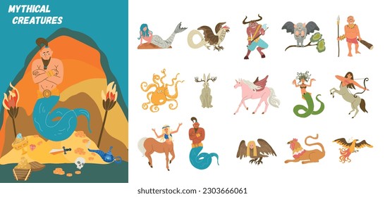 Mythical creatures flat composition with doodle jinn character and set of isolated icons on blank background vector illustration