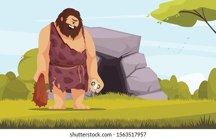 Mythical creatures flat composition with giant one eye cyclops with bludgeon in front of cave vector illustration  