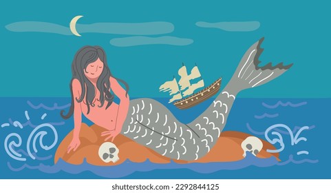 Mythical creatures flat composition with open sea landscape and lying mermaid with sinking ship and skulls vector illustration