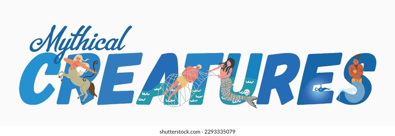 Mythical creatures flat composition with ornate text and doodle characters of centaur hunter mermaid and jinn vector illustration