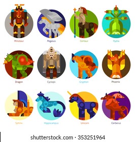 Mythical creatures flat icons set with classic mythology animals isolated vector illustration