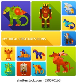 Mythical creatures flat long shadow icons set with ancient legends animals isolated vector illustration