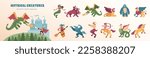 Mythical creatures flat set with composition of warrior fighting dragon and isolated characters from fairy tales vector illustration