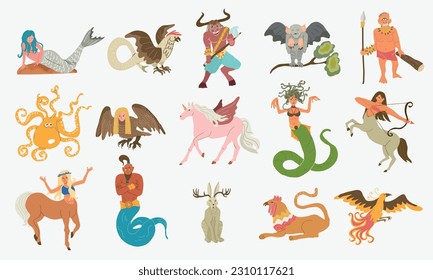 Mythical creatures flat set with isolated doodle style images of ancient fairytale fantasies on blank background vector illustration