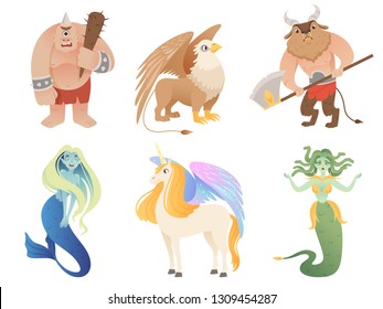 Mythical creatures. Flying lion cyclop minotaur pegasus griffin centaur vector cartoon characters