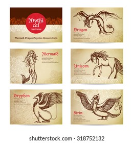 Mythical creatures hand drawn cards set with dragon mermaid and unicorn isolated vector illustration