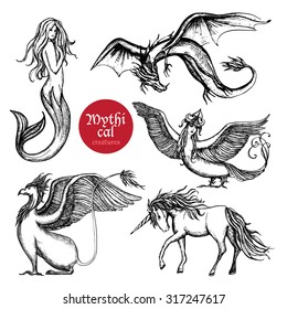 Mythical creatures hand drawn sketch set isolated vector illustration