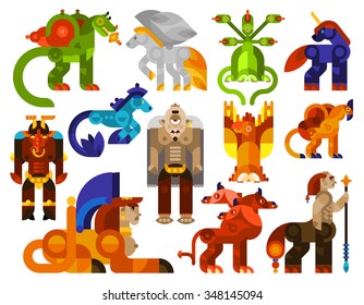 Mythical creatures icons set with legendary monster animals flat isolated vector illustration