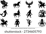 Mythical creatures icons vector set in black silhouette style, including dragon, unicorn, phoenix, griffin, mermaid, centaur, werewolf, hydra, pegasus, minotaur, fairy and kraken, ideal for fantasy games, tattoo ideas, logos and story illustrations.