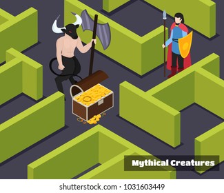 Mythical creatures isometric composition with monster protector of treasure and armed warrior at green labyrinth vector illustration