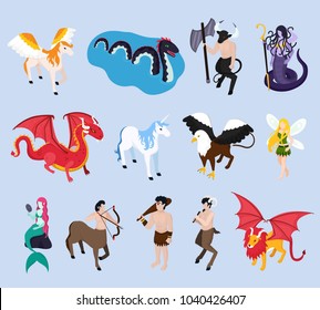 Mythical creatures isometric icons with unicorn, mermaid and fairy, pegasus and winged lion, griffin, isolated vector illustration