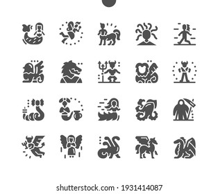 Mythical creatures. Mermaid, fairy, centaur, gorgon medusa, yeti, minotaur, daemon, angel, pegasus and dragon. Mythology character, fairytale, mystic and magic. Vector Solid Icons. Simple Pictogram