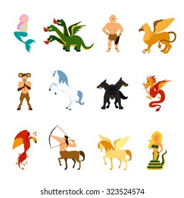 Mythical creatures and monsters from different mythologies and fairy tales flat cartoon images set isolated vector illustration