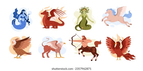 Mythical creatures set, cartoon flat vector illustration isolated on white background. Mythological animals and beasts - mermaid, griffin, phoenix. Folklore and fairytales characters.