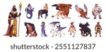 Mythical creatures set. Different fantastic monsters, magical beasts, fairytale characters of ancient mythology. Mermaid, centaur, werewolf, Medusa Gorgon. Flat isolated vector illustrations on white