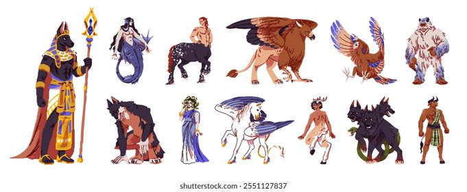 Conjunto de criaturas míticas. Diferentes monstruos fantásticos, bestias mágicas, personajes de cuento de hadas de la mitología antigua. Sirena, centauro, hombre lobo, Medusa Gorgon. Ilustraciones vectoriales aisladas planas en blanco