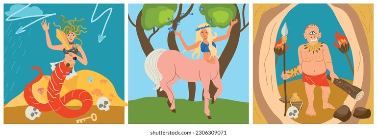 Mythical creatures set of three square compositions with doodle style characters of gorgon centaur and cyclops vector illustration