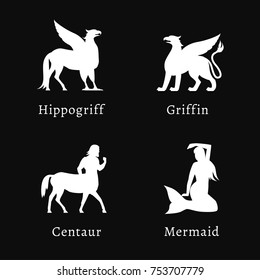 Mythical creatures set. White vector illustrations isolated ona dark grey background. Hippogriff, griffin, centaur and mermaid.