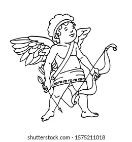mythical Cupid babe with bow, arrows and wings, god of love, Valentine's day decoration, vector illustration with black contour lines in doodle and hand drawn style