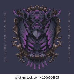Mythical demonic owl hand drawn vector art illustration