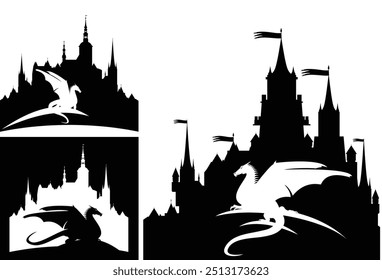 mythical dragon by the medieval castle outline - fairy tale scene design black and white vector silhouette set