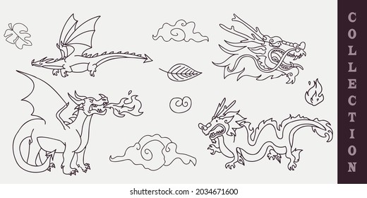 Mythical dragon digital motif collection. Vector illustration of fairy tale beast in set for cartoon fantasy creature clipart. 