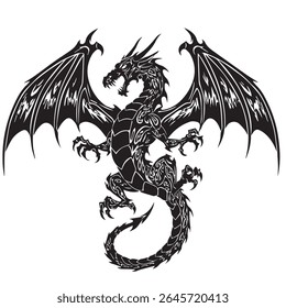 Dragão mítico desenhado em padrão tribal abstrato, garras estendidas, asas para fora, tinta preta ilustração, linhas limpas, centrado no branco