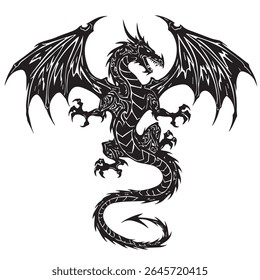 Mythical dragon drawn in abstract tribal pattern, claws extended, wings outspread, black ink illustration, clean lines, centered on white