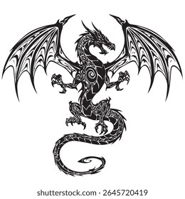 Mythical dragon drawn in abstract tribal pattern, claws extended, wings outspread, black ink illustration, clean lines, centered on white