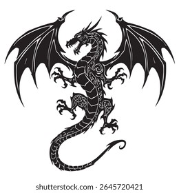 Mythical dragon drawn in abstract tribal pattern, claws extended, wings outspread, black ink illustration, clean lines, centered on white