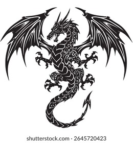 Dragão mítico desenhado em padrão tribal abstrato, garras estendidas, asas para fora, tinta preta ilustração, linhas limpas, centrado no branco