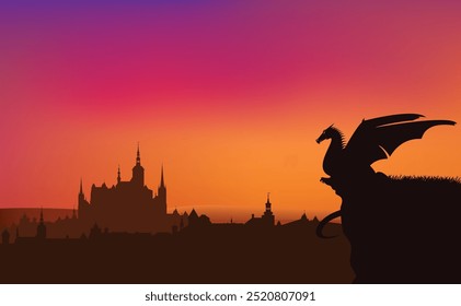 mythical dragon guarding fairy tale medieval castle at sunset - fantasy legend vector silhouette scene