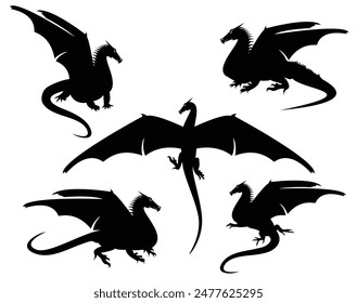 set de silueta de Vector dibujado a mano en blanco y negro de la serpiente del dragón mítico - criaturas de fantasía voladoras, arrastrándose y de pie