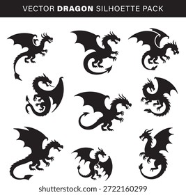 Conjunto de Vector de siluetas de dragón mítico para diseño de fantasía, Colección de iconos de dragón volador y Elementos de tatuaje tribal, criatura de fantasía y Formas de alas de dragón para diseño de logotipo